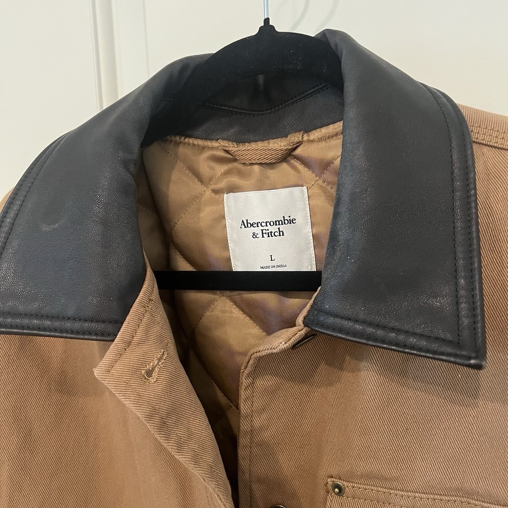 Abercrombie & Fitch Barn Jacket Size Large 90s Brown Canvas Chore Coat Collar - Picture 5 of 13